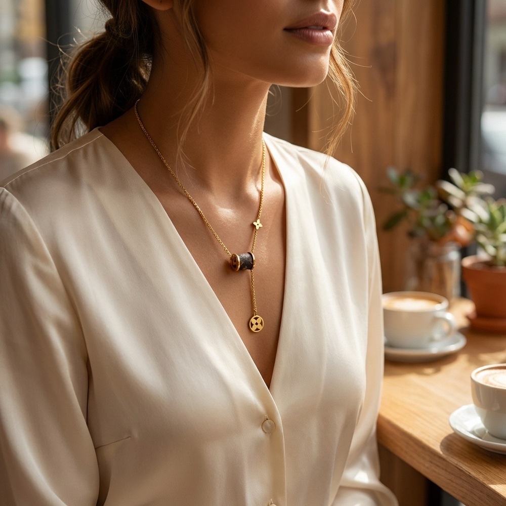 18k Gold monogram Pendant Y Necklace - Picture 3 of 5